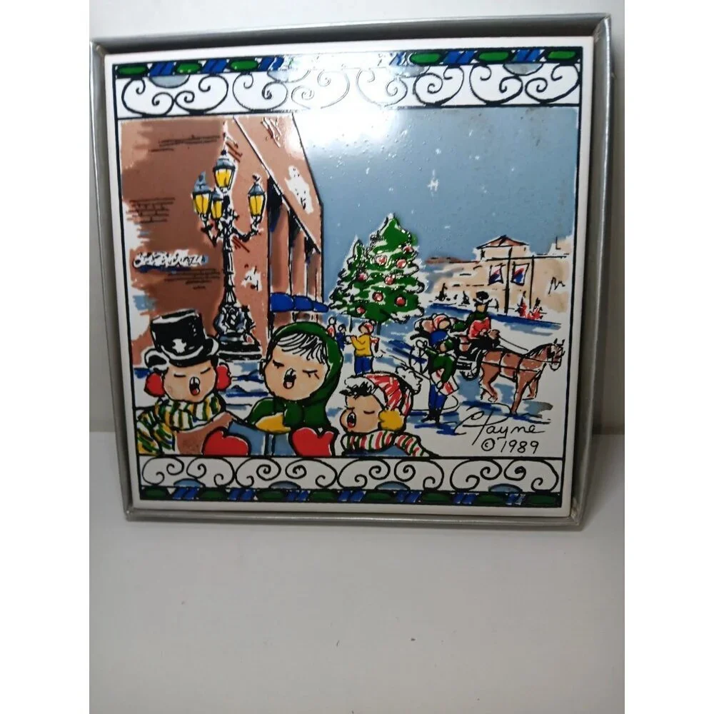 Signed Carolyn Payne Handpainted Tile Vintage 1989 Christmas